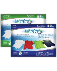 Feuilles détergentes à lessive USolve™ - Combo - 50 brassées - En emballage SANS PLASTIQUE (ENS. DE 2  AU TOTAL 100 BRASSÉES)