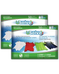 Feuilles détergentes à lessive USolve™ - 50 brassées - Sans Parfum - En emballage SANS PLASTIQUE (ENS. DE 2  AU TOTAL 100 BRASSÉES)